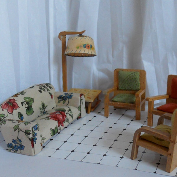 Dollhouse furniture living room, Vintage dollhouse furniture, 50s dollhouse, dollhouse sofa, dollhouse lamp, wooden dollhouse chairs,