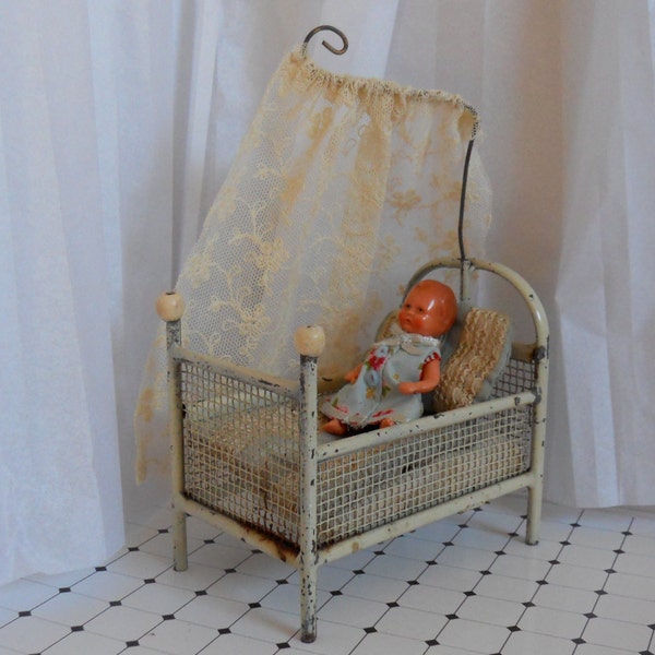 Vintage baby doll, Shabby chic doll cot, Miniature vintage baby doll, German baby doll, Dressed doll, Doll House doll, Doll cot, Doll cradle