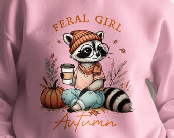 Camiseta com estampa de guaxinim selvagem para meninas, moletom de outono, suéter de outono para amantes de café com abóbora e pôster.