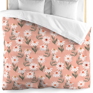 Pink Floral Duvet Cover: Retro Daisy Bedding, Polyester Microfiber