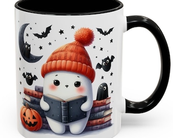 Ghost Reading Book Coffee Mug, Halloween Fall, 11oz
