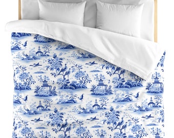 Funda nórdica estilo chinoiserie azul: ropa de cama japonesa con motivos florales