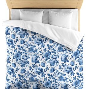 Blue Floral Duvet Cover - Blue Floral Bedding, Duvet Cover King Queen Full Twin Cute Winter Bedroom Decor For Her