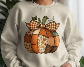 Quilted Pumpkin Sweatshirt: Fall Colors, Harvest Season, Patchwork Design, Hoodie, Long Sleeve