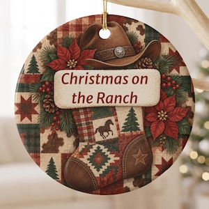 Western Christmas Ornament, Christmas on the Ranch Holiday Tree Decor, Rustic Cowboy Hat Patchwork Stocking Keepsake Gift for Cowgirl