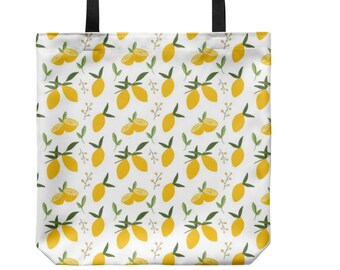 Lemon Print Tote Bag -Reusable Grocery Bag- Fruit Print Shopping Bag- Cute Tote Bag-Beach Tote, Tote Bag Aesthetic, Habensen Gallery