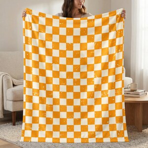 Distressed Orange Checkerboard Woven Blanket, Grunge Velveteen Throw, Retro Indie Pillow Cover