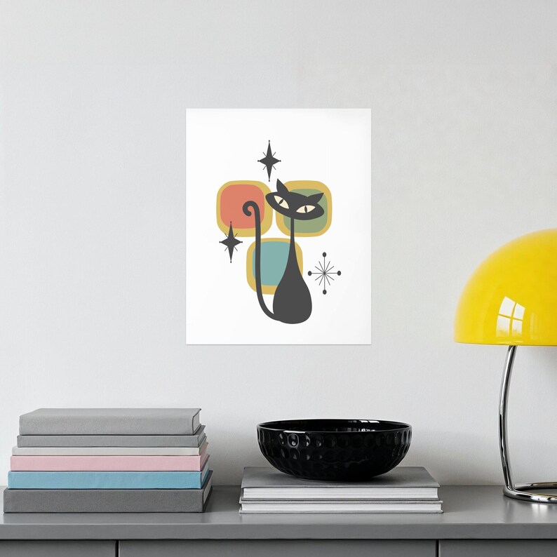 Mid Century Modern Black Cat Poster | Vintage Style Cat Art Print - Etsy