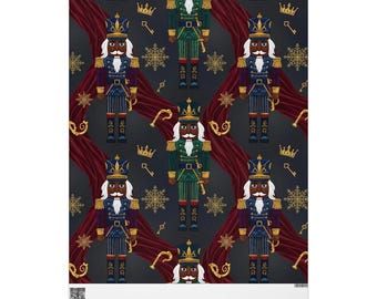May include: A repeating pattern of nutcrackers in blue, green, and purple uniforms with gold accents, crowns, and moustaches. The background is dark grey with red drapery, gold keys, and snowflakes. The overall theme is Christmas.