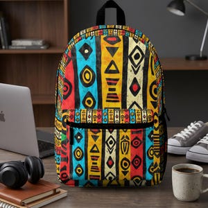 Afrikanskt stammönster ryggsäck, bohemisk geometrisk konst skolväska, färgglad anteckningsbok