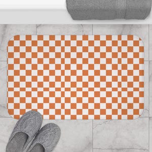 Orange Checkerboard Bath Mat, Non-Slip Bathroom Rug, Absorbent Bath Mat, Cool Bath Mat, Unique Bath Mat Cute Geometric Rug Orange and White
