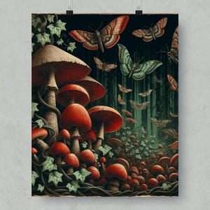 Mushroom Whimsical Forest Poster, Moth Art Print, Framed Botanical Poster, Dark Academia Cottagecore Art, Moody Wall Art, Gothic Wall Decor