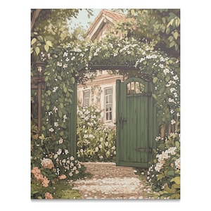 Enchanted Garden Gate Poster, Cottagecore Canvas  Wall Art, Floral Garden Art Print, Whimsical Home Decor, Fairytale Illustration