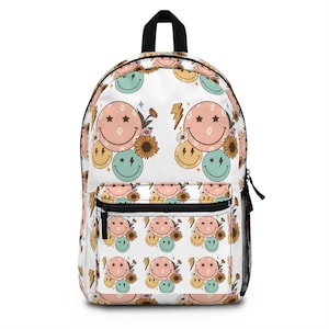 Vintage Retro Smiling Face Backpack- Cute & Colorful Bag for School or Travel- Weekend Bag For Him or Her