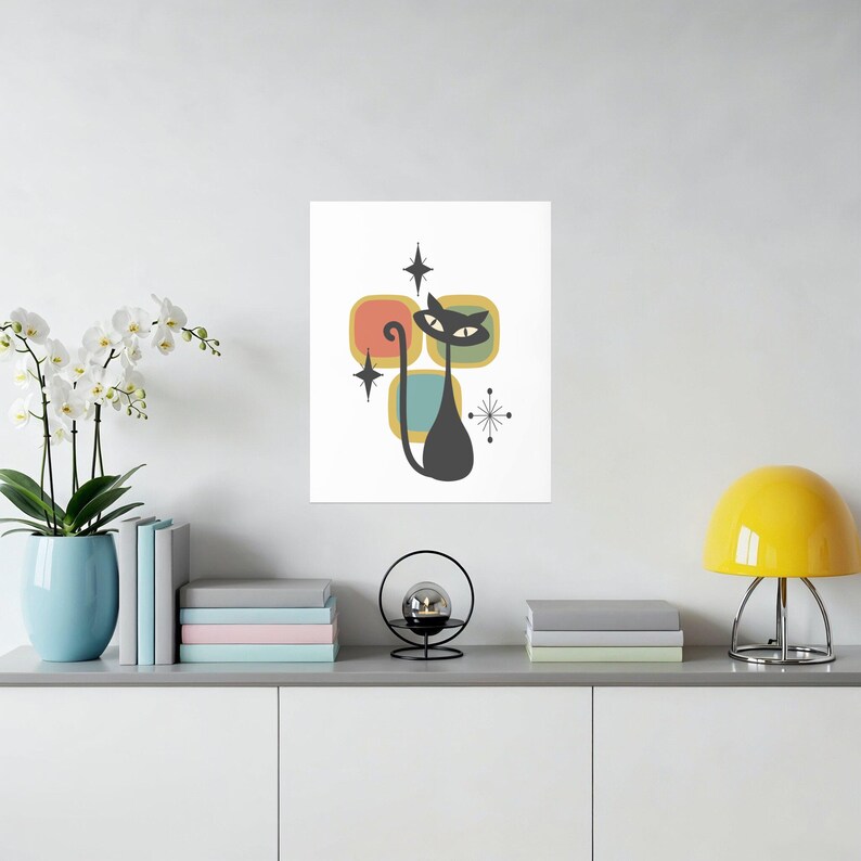 Mid Century Modern Black Cat Poster | Vintage Style Cat Art Print - Etsy