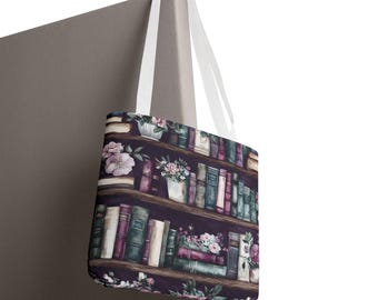 Bücherregal Tote Bag, Aquarell Blumen Bücher, Literarische Dark Academia Leinentasche