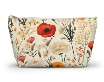 Floral Cosmetic Bag for Women- Cosmetic Bag for Purse- Cute Makeup Bag - Beige Floral Accessory Pouch-Toiletry Bag, Habensen Gallery