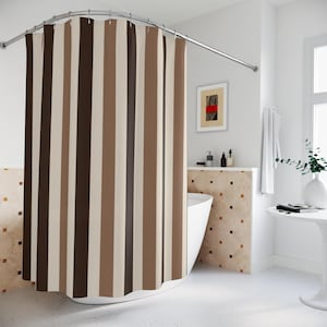 Brown Tones Striped Shower Curtain and Bath Mat Set: Modern Bathroom Decor
