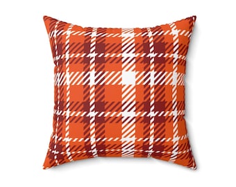 Cozy Orange Plaid Decorative Throw Pillow, Home Decor Accent Pillow, Farmhouse Style Cushion, Rustic Couch Pillow, Holiday Gift Idea