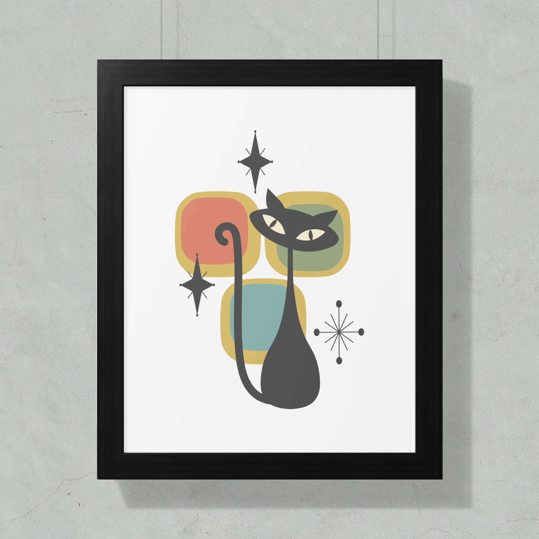 Mid Century Modern Black Cat Poster | Vintage Style Cat Art Print - Etsy