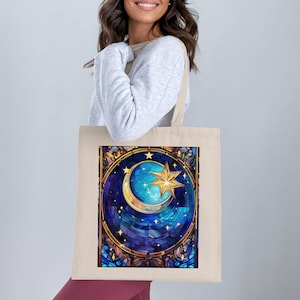 Celestial Tote Bag: Starry Night Stained Glass Art, Cotton Canvas