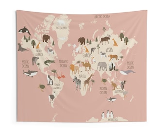 Kids World Map, Animal and World Map Tapestry, World Map Wall Hangings, Kids Room Decor, World Map for Kids, Textile Wall Art,