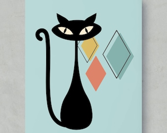 Mid Century Atomic Cat Art Print | Retro Wall Decor
