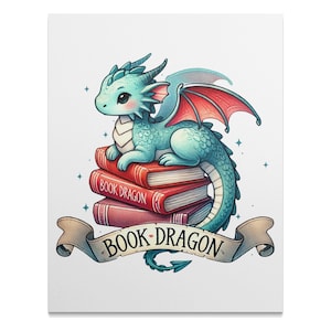Book Dragon Poster, Cute Fantasy Art, Dragon on Books Print, Mythical Creature Wall Art, Dragon Lover Gift, Kid&#39;s Room Decor, Reading Poster