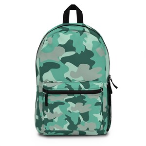 Green Camo School Backpack: Kids Canvas Book Bag with Water Bottle Pocket