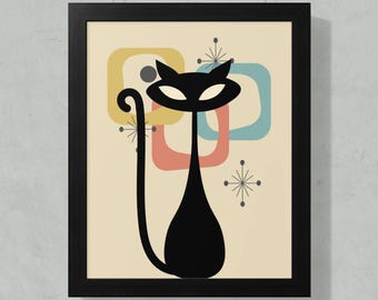 Vintage Atomic Cat Wall Art Poster | Mid Century Modern Decor| Cat Lover Gift