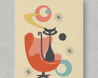 Vintage Mid Century Atomic Cat Poster Art for Home - Etsy