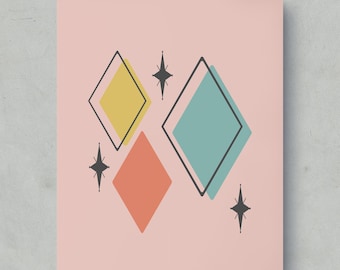 Mid Century Modern Wall Art: Geometric Diamond Starburst Print, Retro Pink Teal Decor