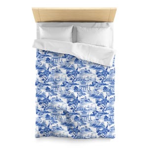 Blue Chinoiserie Duvet Cover: French Toile Microfiber Bedding