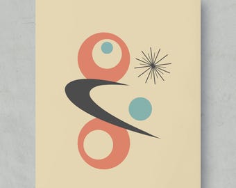 Arte mural abstracto único de estilo moderno de mediados de siglo: formas geométricas atómicas, lámina decorativa retro.