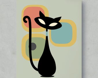Retro Cat Mid Century Modern Art Print | Vintage Feline Wall Decor