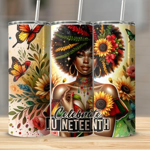 Juneteenth Tumbler: Black Woman Art, Sunflower Butterfly Design