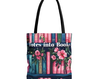 Bücherregal Tote Bag, Aquarell Blumen Bücher, Literarische Dark Academia Leinentasche