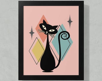 Atomic Black Cat Art Print | Mid-Century Modern Wall Decor