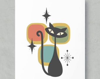 Atomic Cat Print | Mid Century Modern Retro Poster, 1950s Style Wall Art