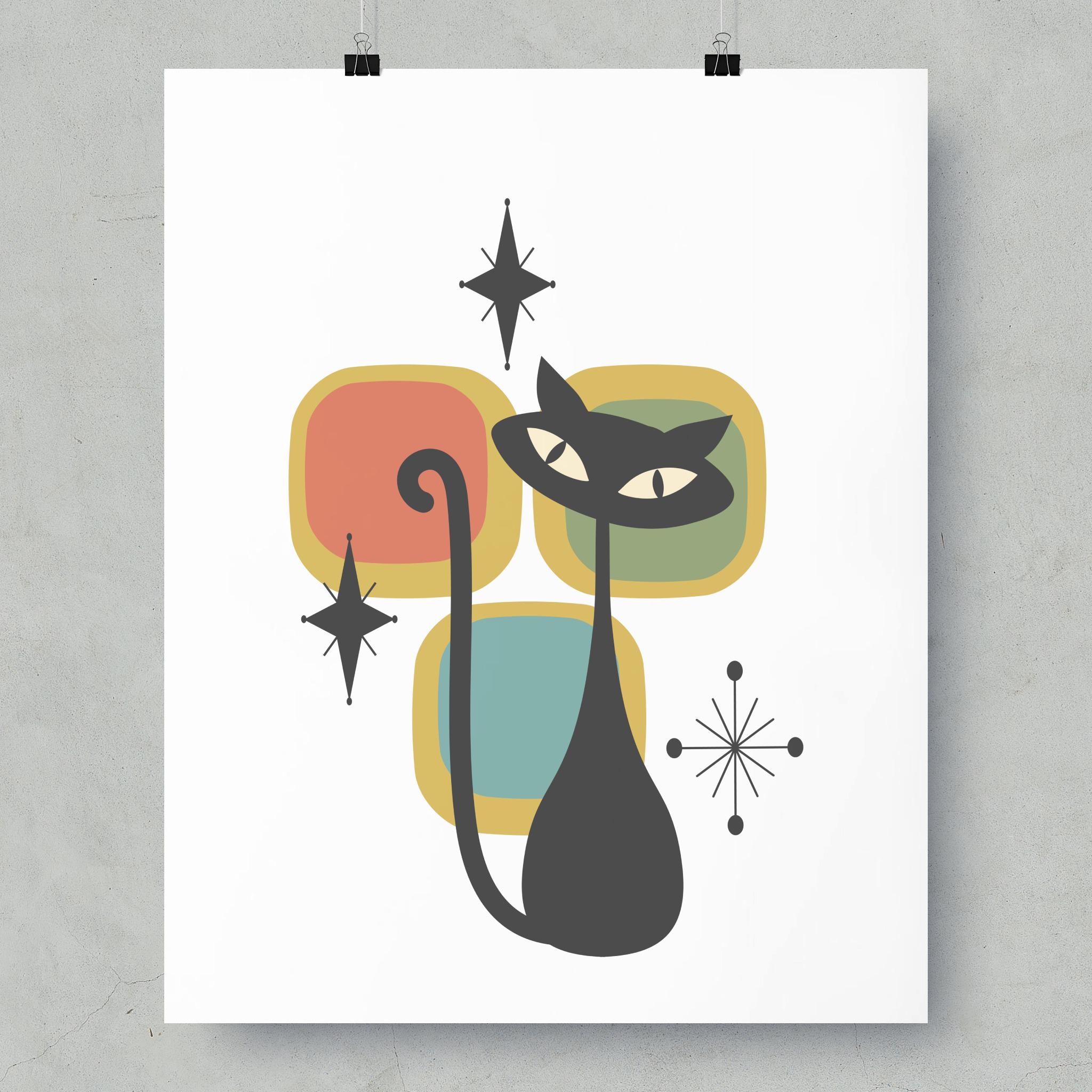 Mid Century Modern Black Cat Poster | Vintage Style Cat Art Print - Etsy