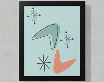 Moderne muurkunst halverwege de eeuw: atomaire starburst boemerang abstracte retro woondecoratieprint