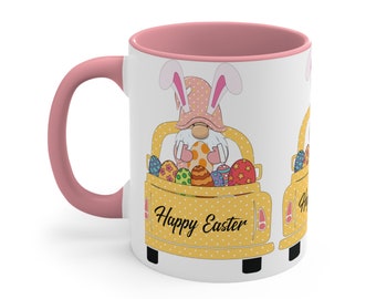 Easter Gnome Bunny Accent Coffee Mug 11oz - Happy Easter Mug- Colored Interior and Handle C-Handle  Eye-Catching Color Contrast, Habensen