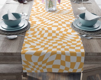 Checkered Wavy Table Runner Yellow-Spring Table Decor- Custom Table Runner-Wavy Table Cover, Yellow Checker Table Runner, Habensen Gallery