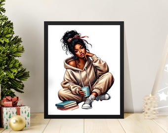 Black Girl Coffee Art: Stylish African American Woman PNG (Digital Download