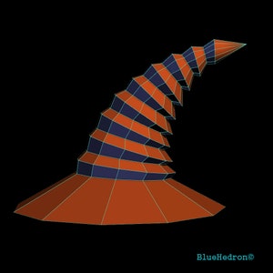 Peut inclure: Modèle 3D d'un chapeau de sorcière avec un sommet pointu à rayures orange et bleues et une large bordure orange.