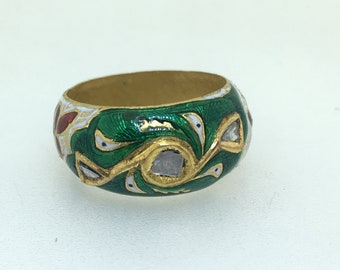 22 karat Gold Indian Vintage Green Enamel Diamond Ring Band