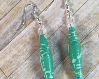 Green Paper Bead Earrings w/Baby Blue Accents