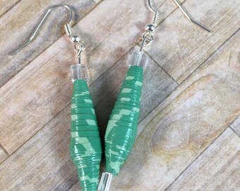 Green Paper Bead Earrings w/Clear Accents