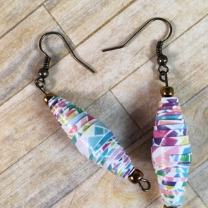 White/Multicolored Paper Bead Earrings w/Gold Accents