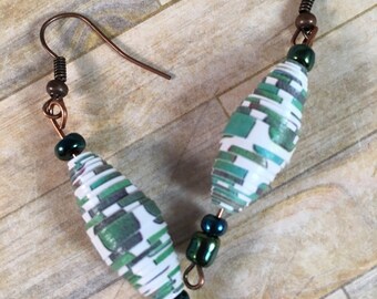 White/Green Paper Bead Earrings w/Blue Green Accents